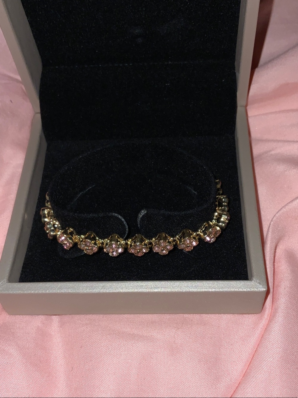Gold Tone Bracelet with Pink Crystal Flower Accents